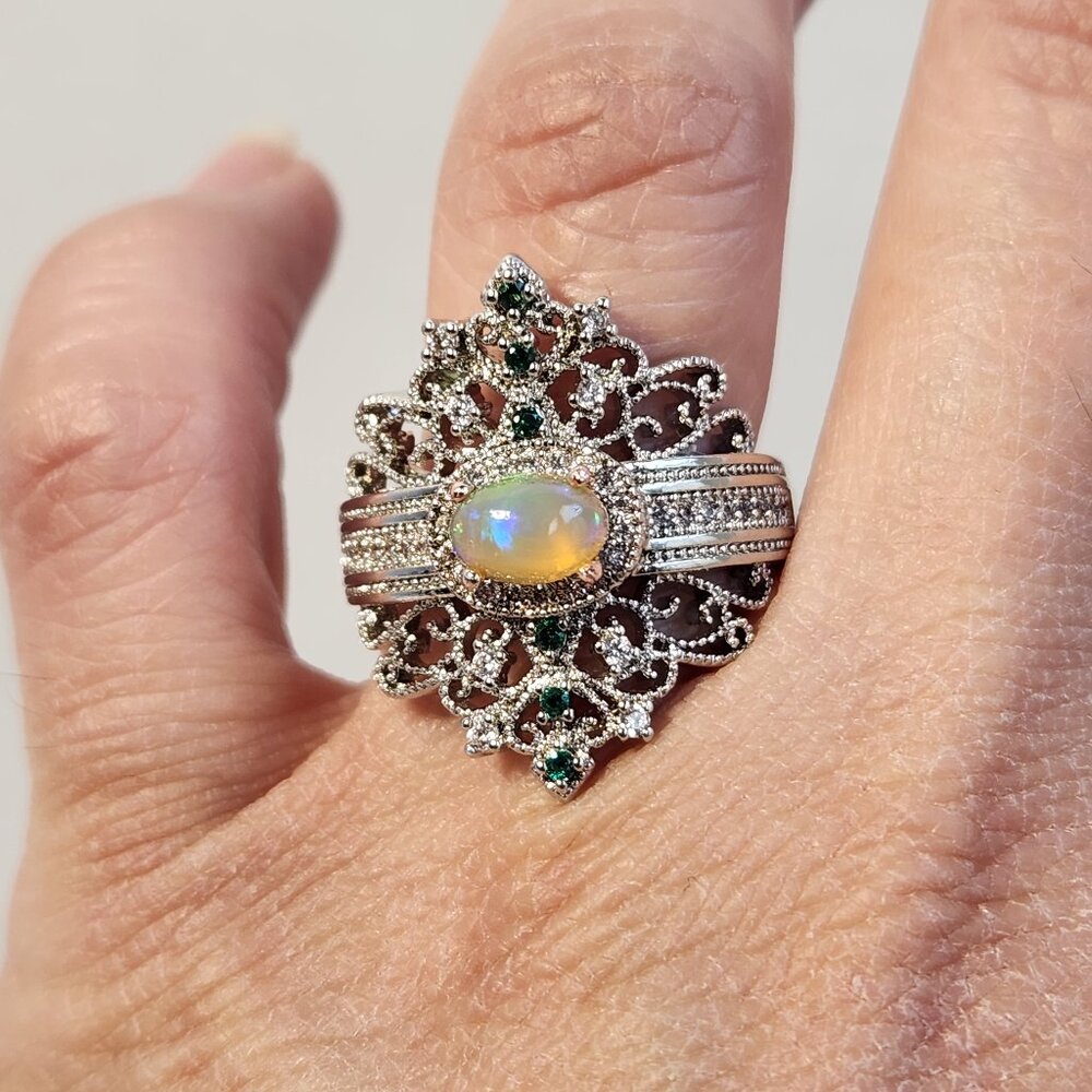 NIB 925 Art Deco Natural Opal & Tsavorite Accent Ornate Scroll Ring Sz 8.5 - Picture 10 of 12